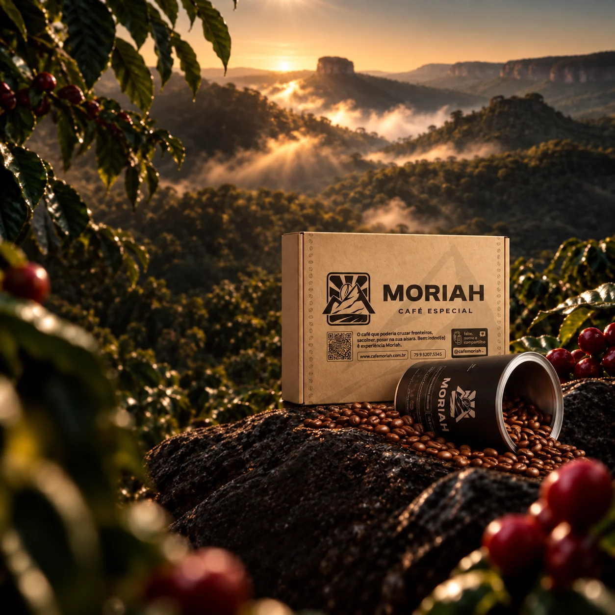Caixa e lata da assinatura de cafés Moriah na Chapada Diamantina